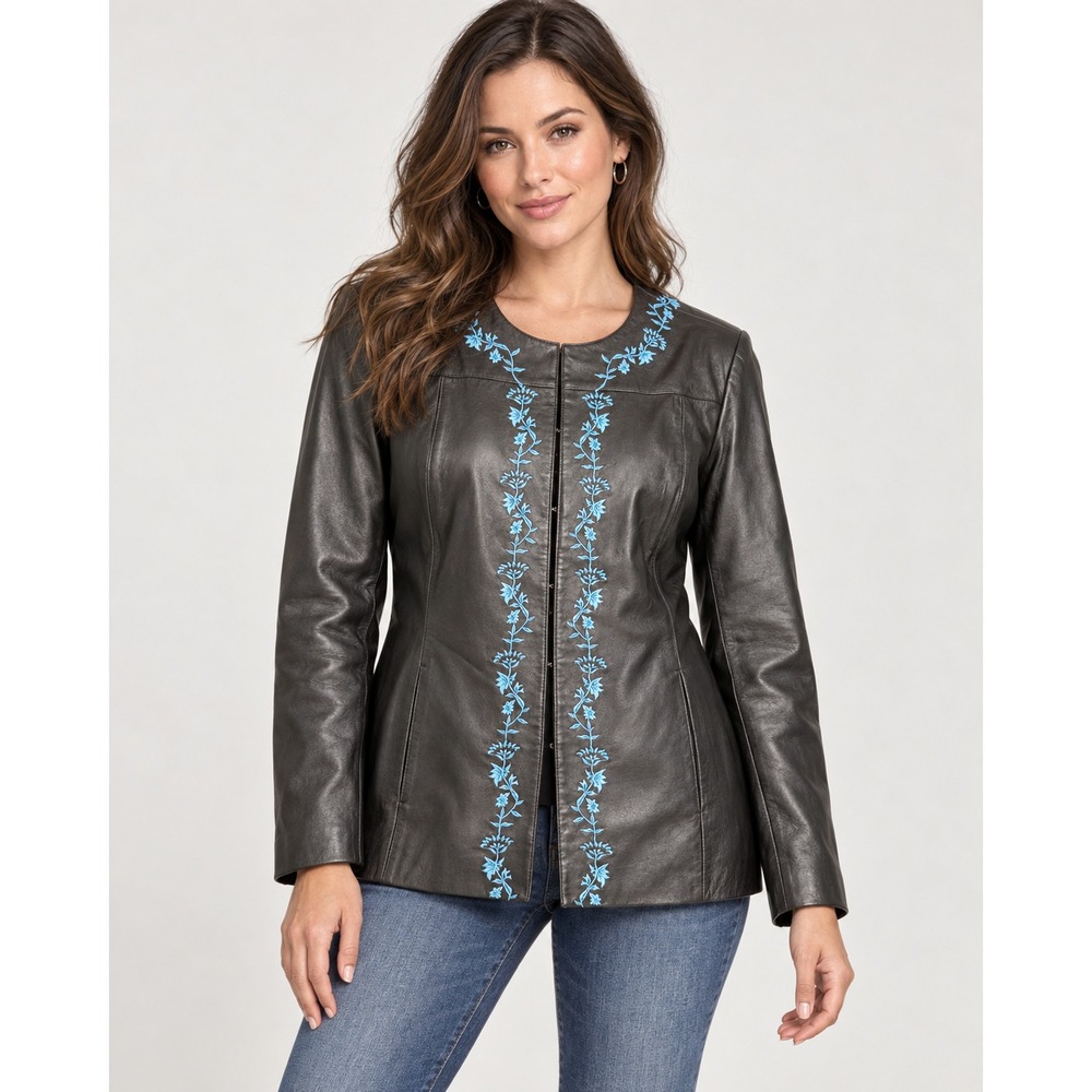 Vintage Y2K Terry Lewis 1X Black Leather Jacket Blue Floral Embroidered 3219